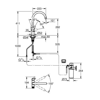GROHE 30593000 - Kuhinjska miješalica BLUE PURE C, C-izljev, sjajni krom