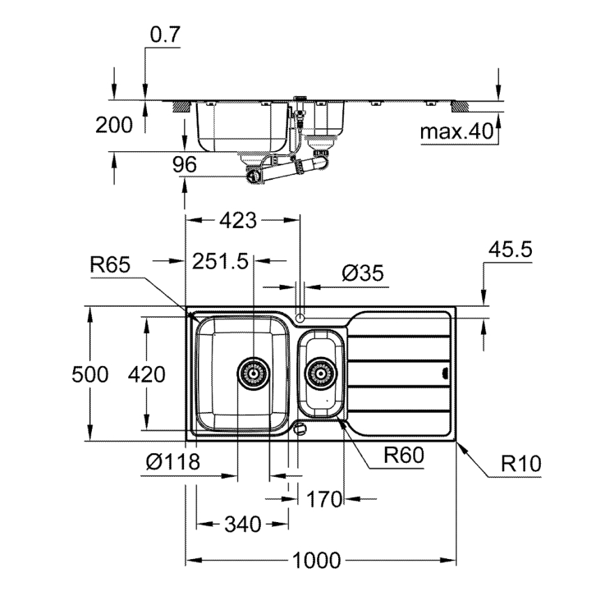 GROHE 31572SD1 - Sudoper K500 1000 × 500 mm nehrđajući čelik