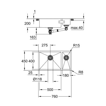 GROHE 31575SD1 - Kuhinjski sudoper K700U 760 × 450 mm od nehrđajućeg čelika