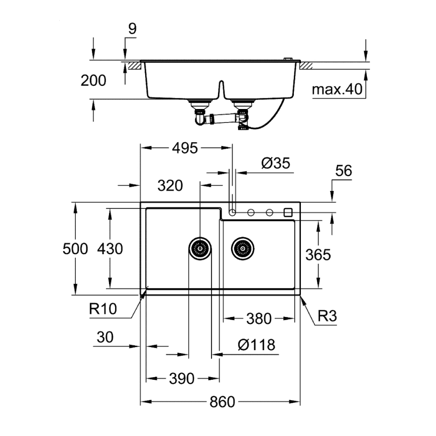 GROHE 31649AP0 - Sudoper K500 860 × 500 mm granit/crna
