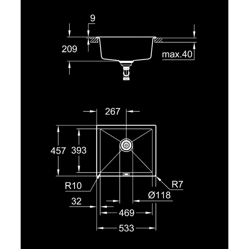 GROHE 31654AP0 - Kompozitni sudoper K700U 533 × 457 mm crni