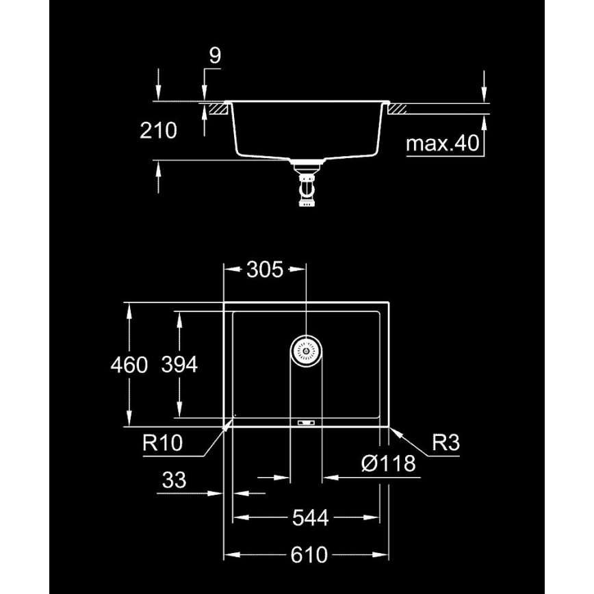 GROHE 31655AP0 - Kompozitni sudoper K700U 610 × 460 mm crni