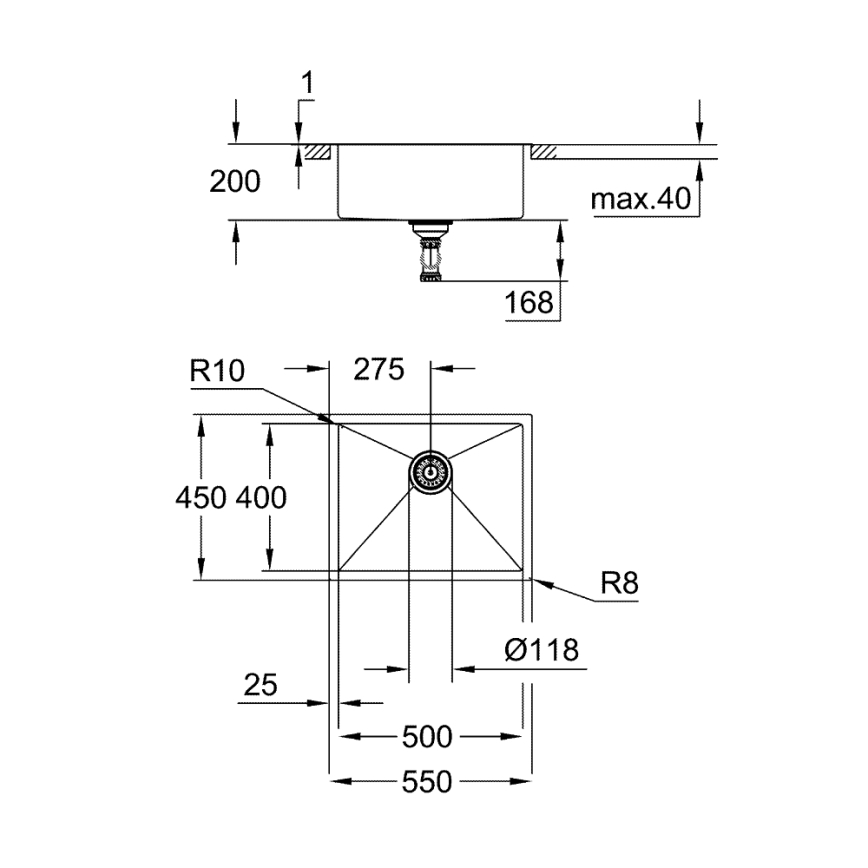 GROHE 31726SD0 - Kuhinjski sudoper K700 550 × 450 mm, nehrđajući čelik