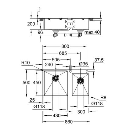 GROHE 31855SD0 - Kuhinjski sudoper K700 860 × 500 mm od nehrđajućeg čelika