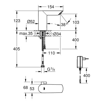GROHE 36453000 - Infracrvena elektronička umivaonička baterija BAU COSMOPOLITAN E 123 mm krom