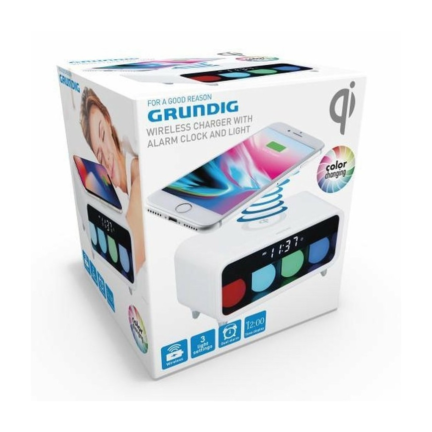 Grundig - LED Prigušiva noćna lampa s budilicom i bežičnim punjenjem LED/5W/230V