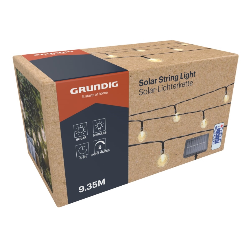 Grundig - LED Prigušivi solarni lanac 50xLED/8 funkcija 9,35m IP44 topla bijela + daljinski upravljač