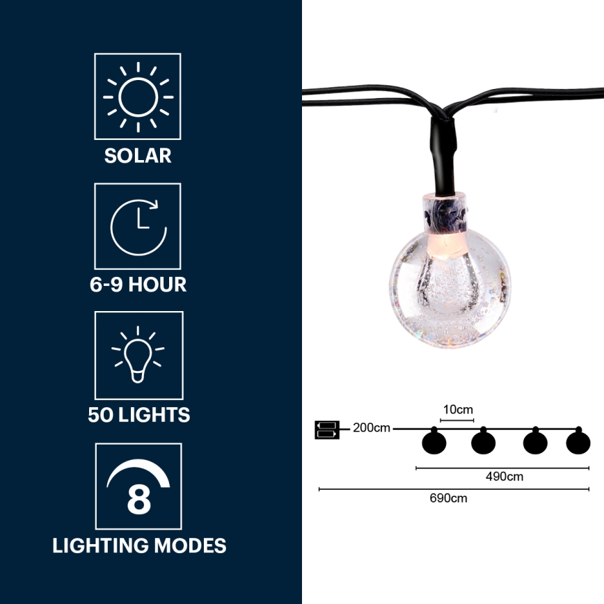 Grundig - LED Solarni lanac 50xLED/8 funkcija 6,9m topla bijela