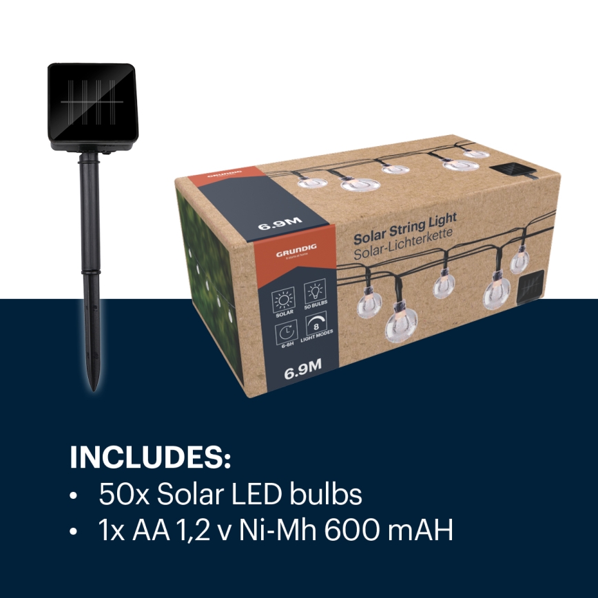 Grundig - LED Solarni lanac 50xLED/8 funkcija 6,9m topla bijela