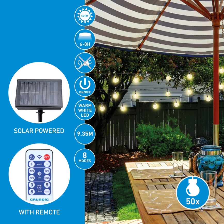 Grundig - LED solarni lanac s prigušivanjem 50xLED/8 funkcija 9,35m topla bijela 1200 mAh IP44 + daljinski upravljač