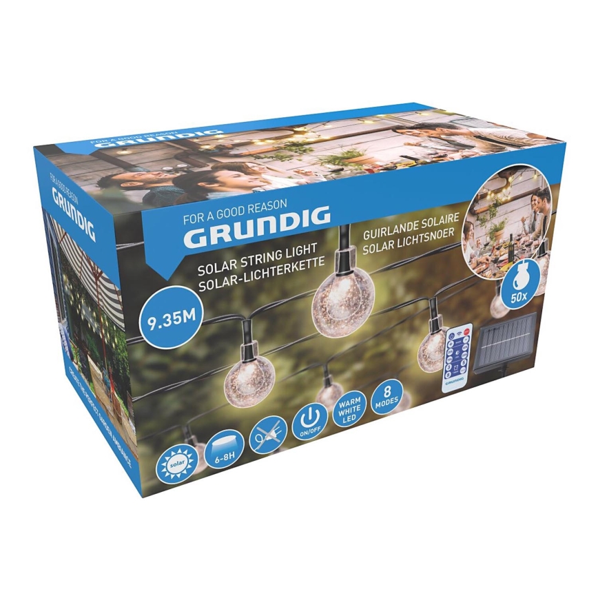 Grundig - LED solarni lanac s prigušivanjem 50xLED/8 funkcija 9,35m toplo bijela 1200 mAh + DO
