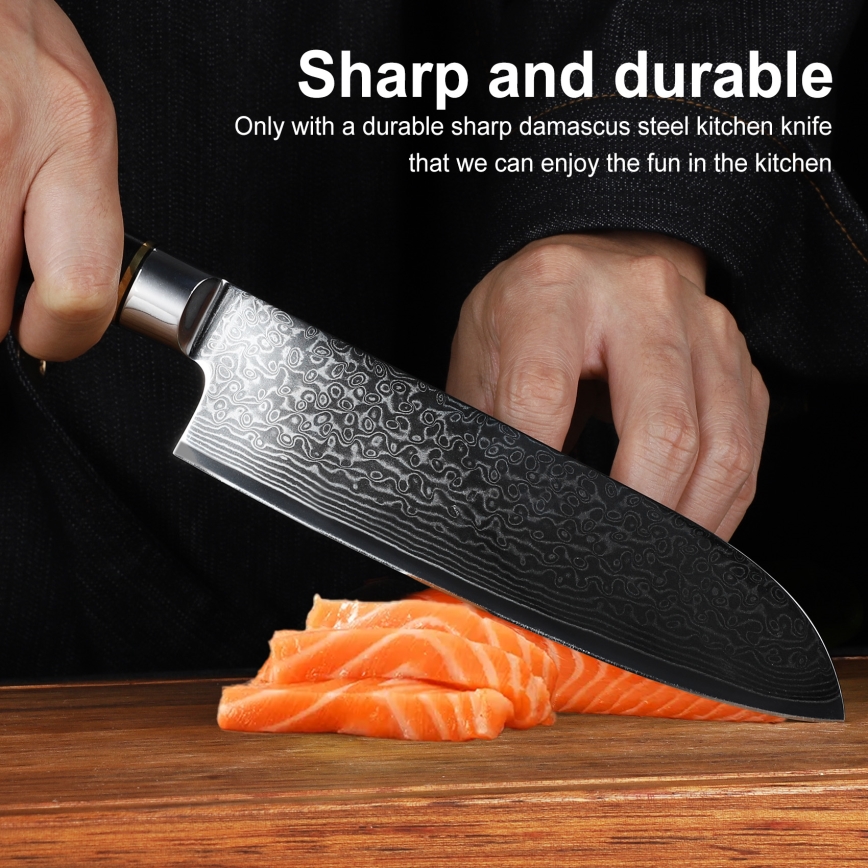 Gudaro - Kuhinjski Santoku nož AKIRO 7, od damaskskog čelika s 67 slojeva, duljina 17,5 cm, crni