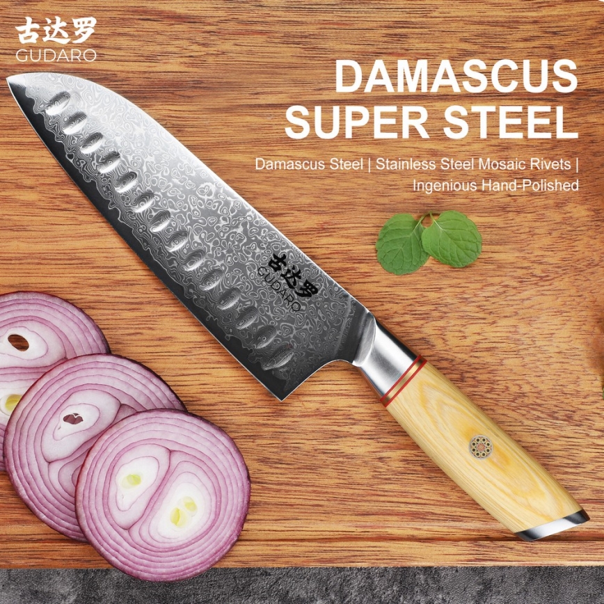 Gudaro - Damastni Santoku kuhinjski nož HIKARI 7, 67 slojeva čelika, duljina 17,5 cm