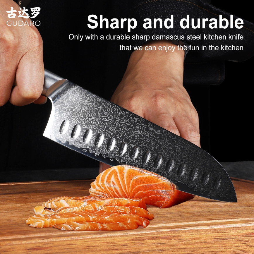 Gudaro - Damastni Santoku kuhinjski nož HIKARI 7, 67 slojeva čelika, duljina 17,5 cm