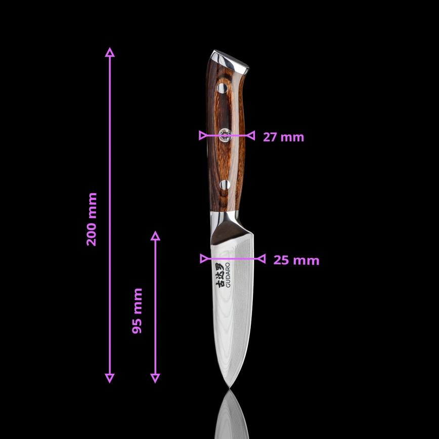 Gudaro - KOMPLET 1x damaskni nož šefa kuhinje FENG 8, 67 slojeva čelika, dužina 20 cm + 1x damaskni Santoku kuhinjski nož FENG 7,5, 67 slojeva čelika, dužina 18 cm + 1x BESPLATNO damaskni kuhinjski nož FENG 3,5, 67 slojeva čelika, dužina 9,5 cm