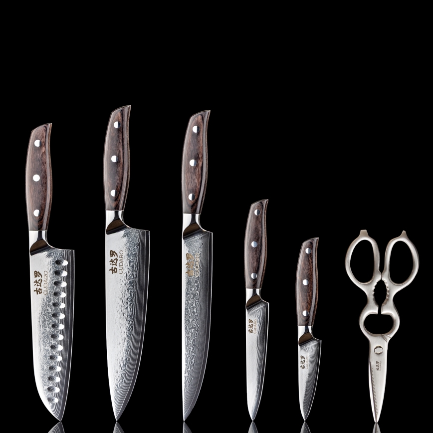 Gudaro - SET 5x kuhinjskih noževa SHIRO od damaškog čelika + stalak za noževe i škare za perad