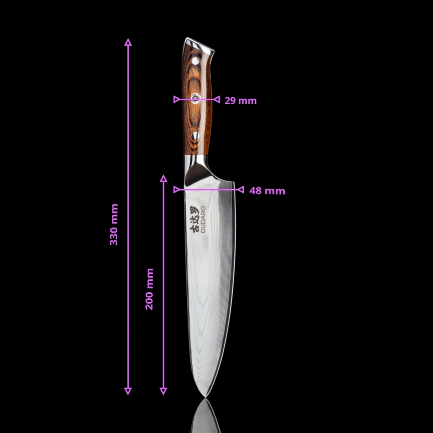 Gudaro - SET 1x chef nož FENG 8, od damaškog čelika, 67 slojeva čelika, duljina 20 cm + 1x Santoku kuhinjski nož FENG 7,5, od damaškog čelika, 67 slojeva čelika, duljina 18 cm + 1x BESPLATNO nož za voće FENG 3,5, od damaškog čelika, 67 slojeva čel