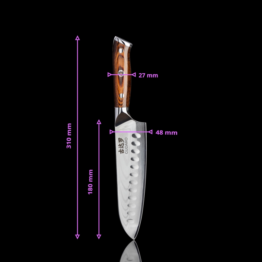 Gudaro - SET 1x chef nož FENG 8, od damaškog čelika, 67 slojeva čelika, duljina 20 cm + 1x Santoku kuhinjski nož FENG 7,5, od damaškog čelika, 67 slojeva čelika, duljina 18 cm + 1x BESPLATNO nož za voće FENG 3,5, od damaškog čelika, 67 slojeva čel