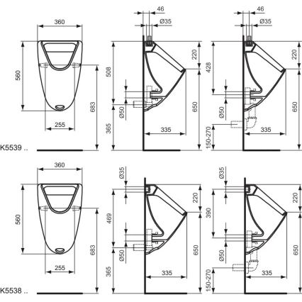Ideal Standard K553901 - Pisoar EUROVIT, gornji dovod, zadnji odvod, keramika/bijela