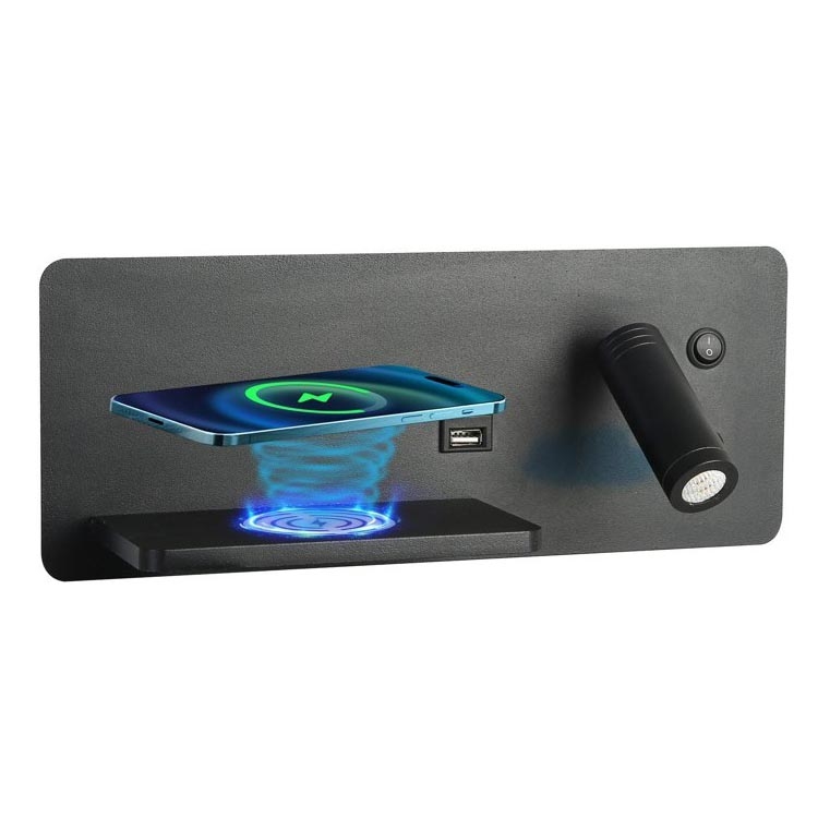 Immax 08288L - LED Zidna reflektorska svjetiljka s policom, USB portom i bežičnim punjenjem Be PREPARE LED/3W/230V + LED/3W crna