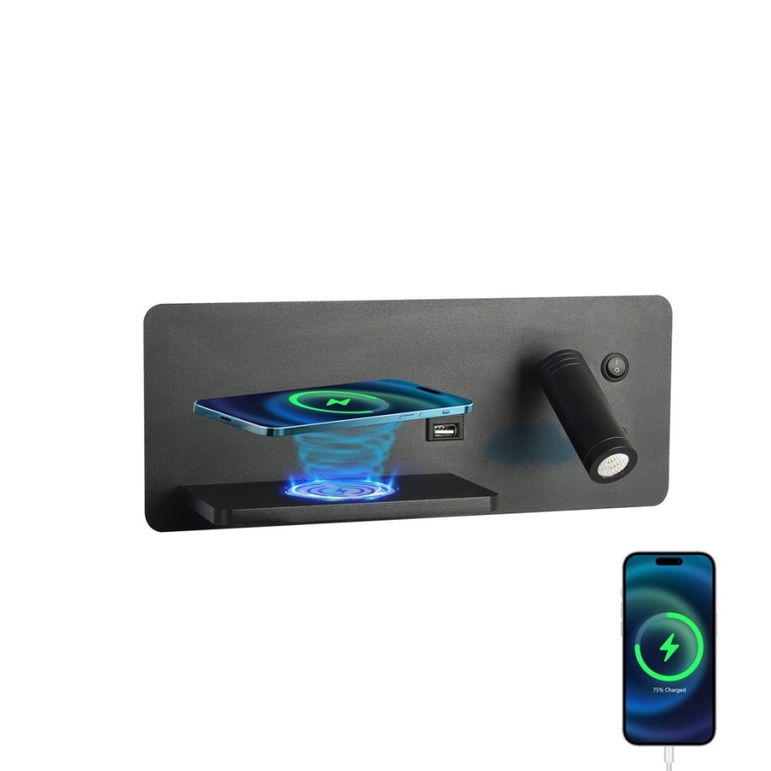 Immax 08288L - LED Zidna reflektorska svjetiljka s policom, USB portom i bežičnim punjenjem Be PREPARE LED/3W/230V + LED/3W crna