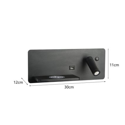 Immax 08288L - LED Zidna reflektorska svjetiljka s policom, USB portom i bežičnim punjenjem Be PREPARE LED/3W/230V + LED/3W crna