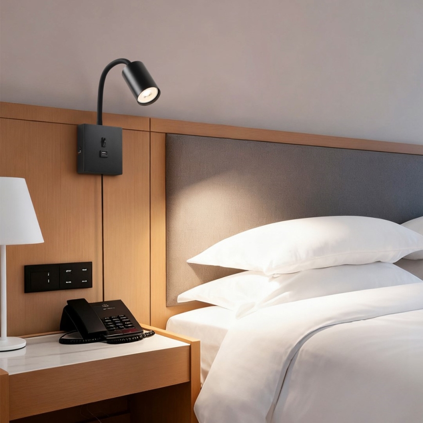 Zidna svjetiljka s USB-om PUNTO 1xGU10/9W/230V crna