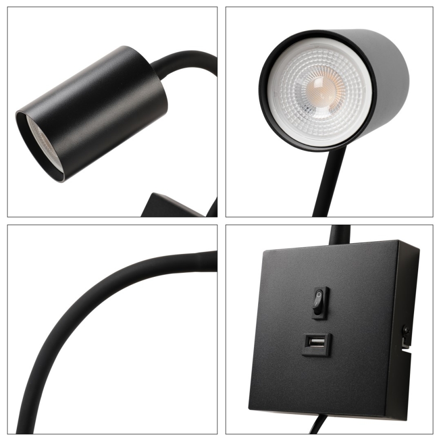 Zidna svjetiljka s USB-om PUNTO 1xGU10/9W/230V crna