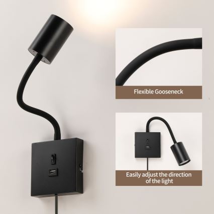 Zidna svjetiljka s USB-om PUNTO 1xGU10/9W/230V crna