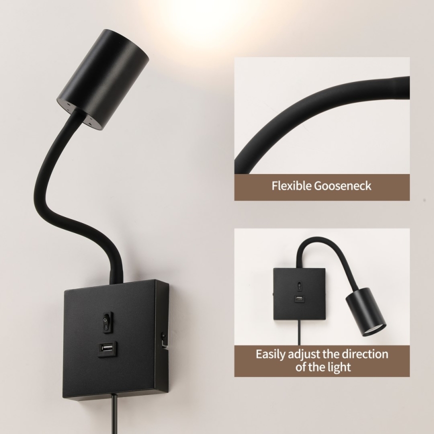 Zidna svjetiljka s USB-om PUNTO 1xGU10/9W/230V crna