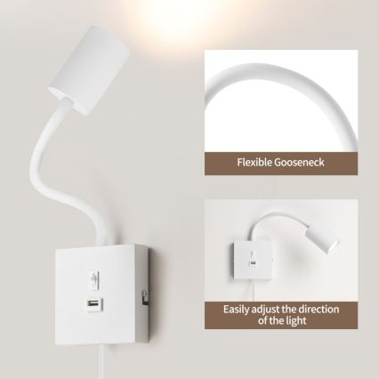 Zidna svjetiljka s USB priključkom PUNTO 1xGU10/9W/230V bijela