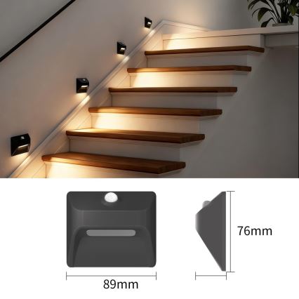 LED punjiva svjetiljka za stubište s senzorom pokreta i sumraka STEP LIGHT LED/0,3W/3,7V 2200 mAh IP53 crna