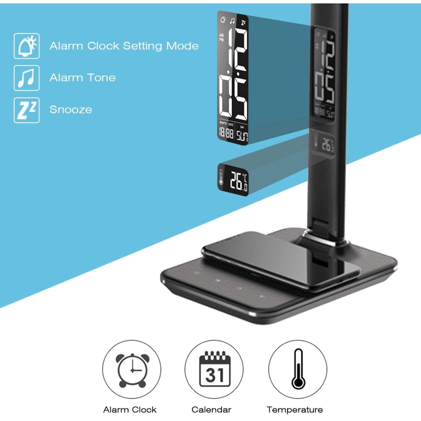 LED Prigušiva stolna lampa s bežičnim punjenjem QI i USB-om KINGFISHER LED/8,5W/230V crna