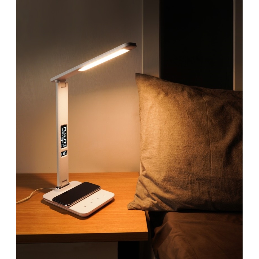 LED Prigušiva stolna lampa s bežičnim punjenjem QI i USB-om KINGFISHER LED/8,5W/230V bijela