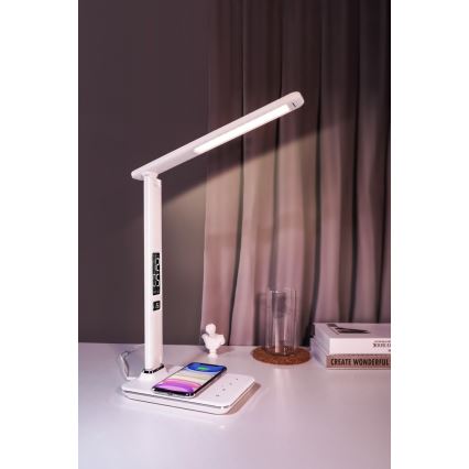 LED Prigušiva stolna lampa s bežičnim punjenjem QI i USB-om KINGFISHER LED/8,5W/230V bijela