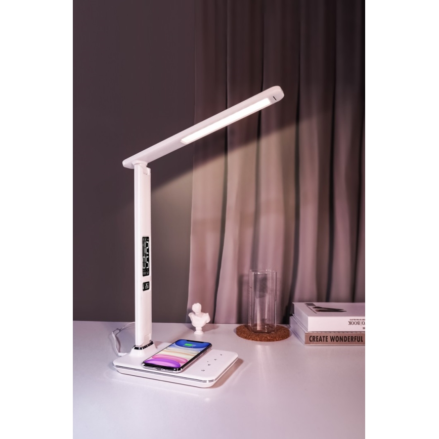 LED Prigušiva stolna lampa s bežičnim punjenjem QI i USB-om KINGFISHER LED/8,5W/230V bijela