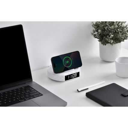 Budilica s LCD zaslonom i bežičnim Qi punjačem 27W/9V 220 mAh bijela