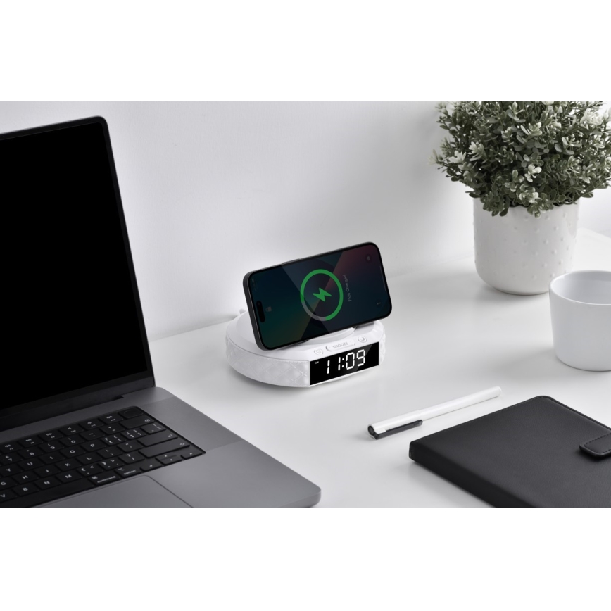 Budilica s LCD zaslonom i bežičnim Qi punjačem 27W/9V 220 mAh bijela