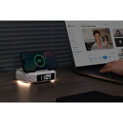 Budilica s LCD zaslonom i bežičnim Qi punjačem 27W/9V 220 mAh bijela