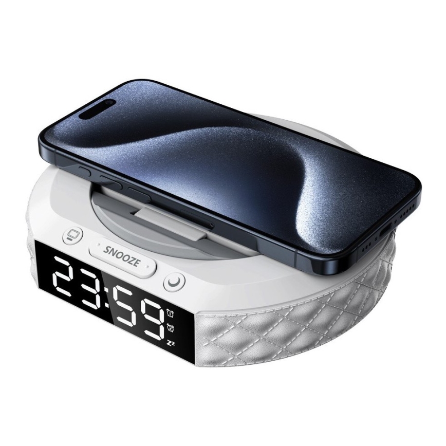 Budilica s LCD zaslonom i bežičnim Qi punjačem 27W/9V 220 mAh bijela