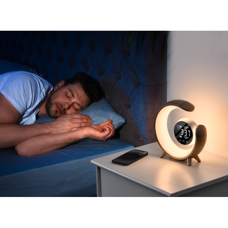 LED RGBW Prigušiva stolna lampa s budilicom LED/20W/5V USB srebrna