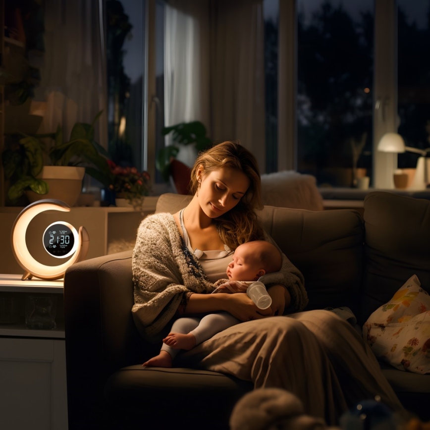 LED RGBW Prigušiva stolna lampa s budilicom LED/20W/5V USB srebrna