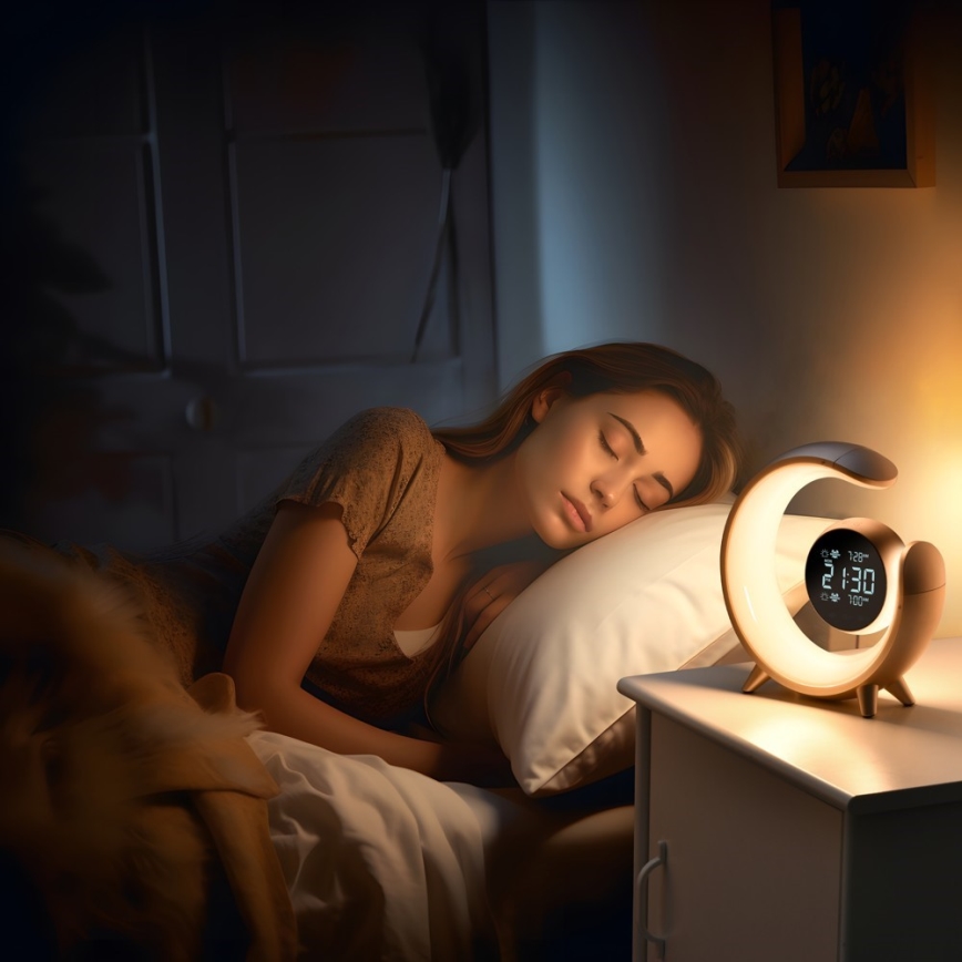 LED RGBW Prigušiva stolna lampa s budilicom LED/20W/5V USB srebrna