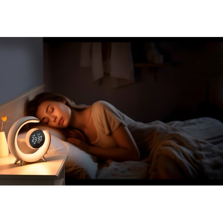 LED RGBW Prigušiva stolna lampa s budilicom LED/20W/5V USB srebrna