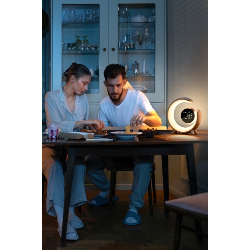 LED RGBW Prigušiva stolna lampa s budilicom LED/20W/5V USB srebrna