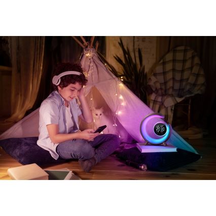 LED RGBW Prigušiva stolna lampa s budilicom LED/20W/5V USB srebrna
