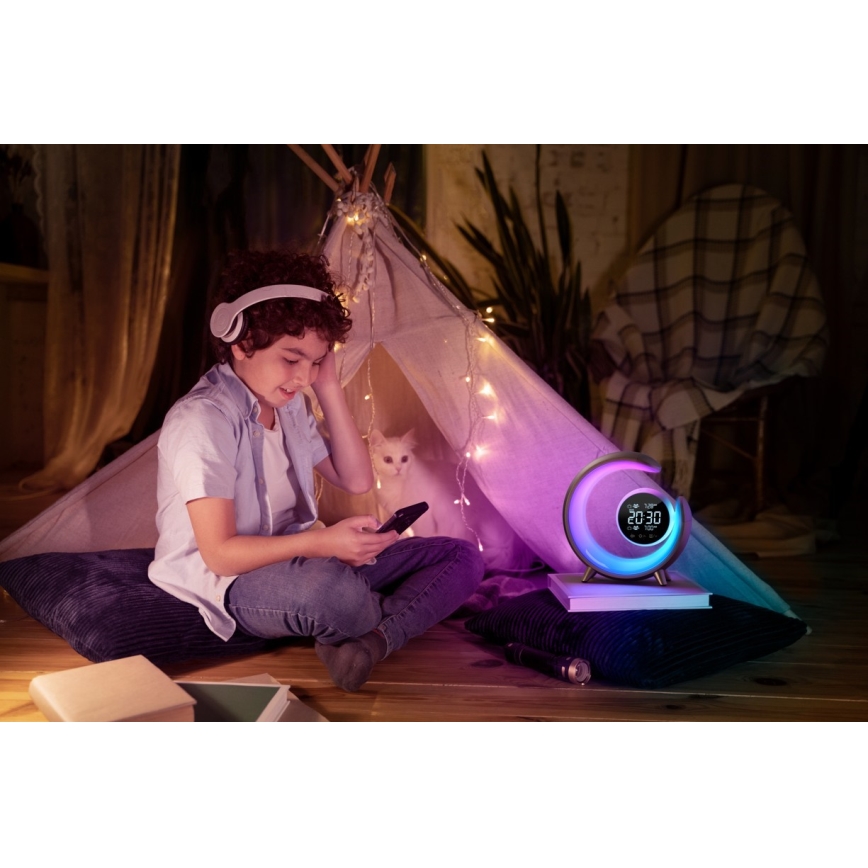 LED RGBW Prigušiva stolna lampa s budilicom LED/20W/5V USB srebrna