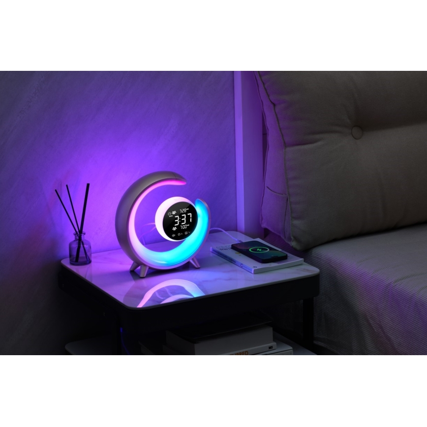 LED RGBW Prigušiva stolna lampa s budilicom LED/20W/5V USB srebrna