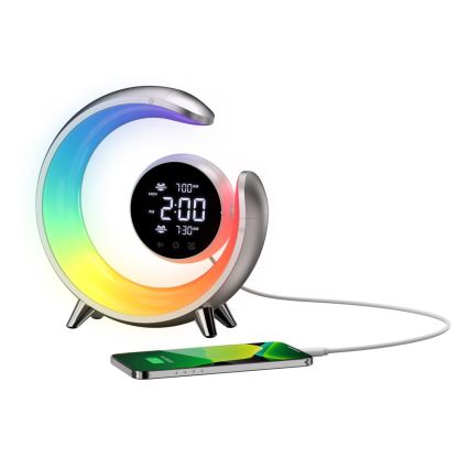 LED RGBW Prigušiva stolna lampa s budilicom LED/20W/5V USB srebrna