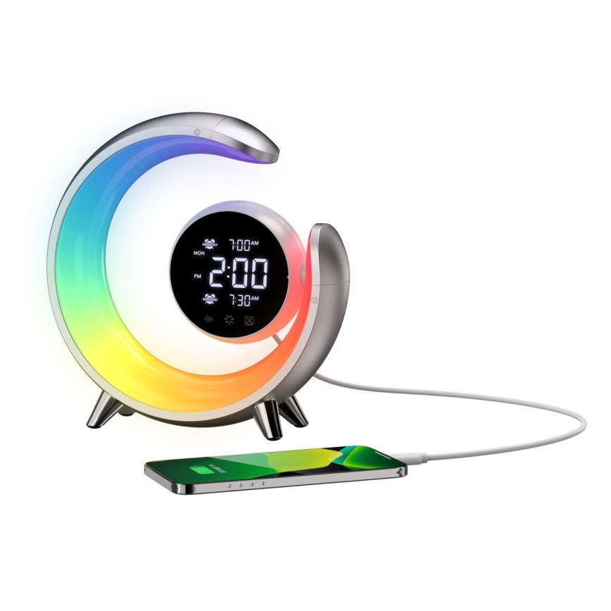 LED RGBW Prigušiva stolna lampa s budilicom LED/20W/5V USB srebrna